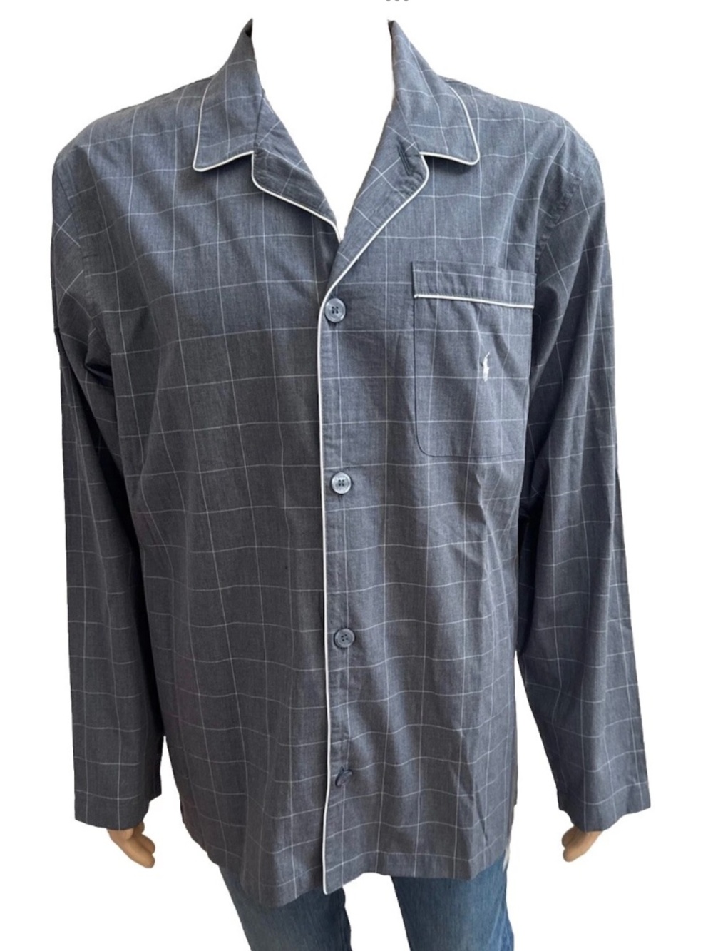POLO RALPH LAUREN Mens Plaid Pajama Sleep Shirt Sleepwear Top Gray M Medium